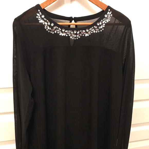 INC International Concepts Tops - 2X INC Black Dressy Plus Size Top Sheer Sleeves and Neckline with Beaded Detail